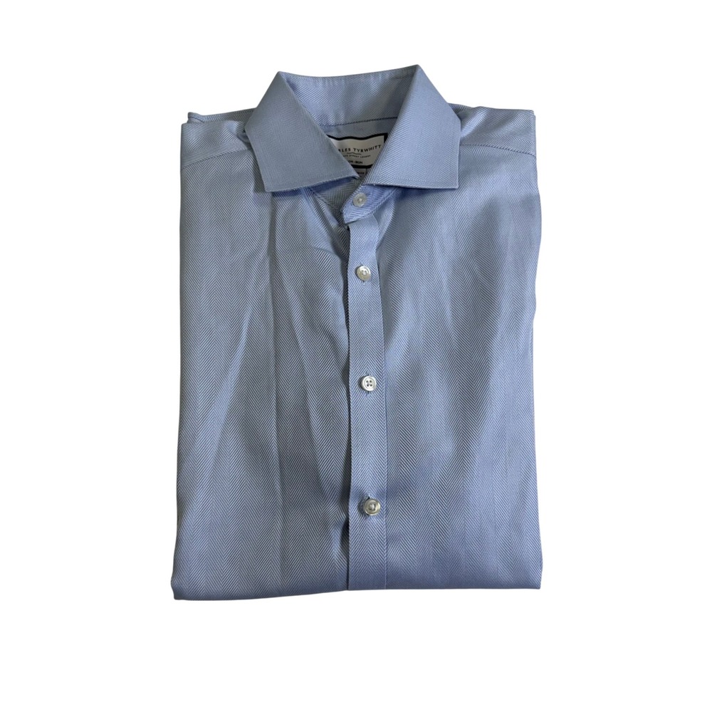 Charles Tyrwhitt Shirt 15.5/33 Blue Extra Slim Fit Herringbone Non-Iron Dress